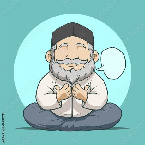 cartoon of an old man sitting cross-legged and praying