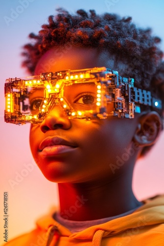 Futuristic Tech Eyewear Young Innovator Wearing Circuit Lens with LED Glow - STEM Learning and Creative Robotics for Youth Tech Empowerment photo