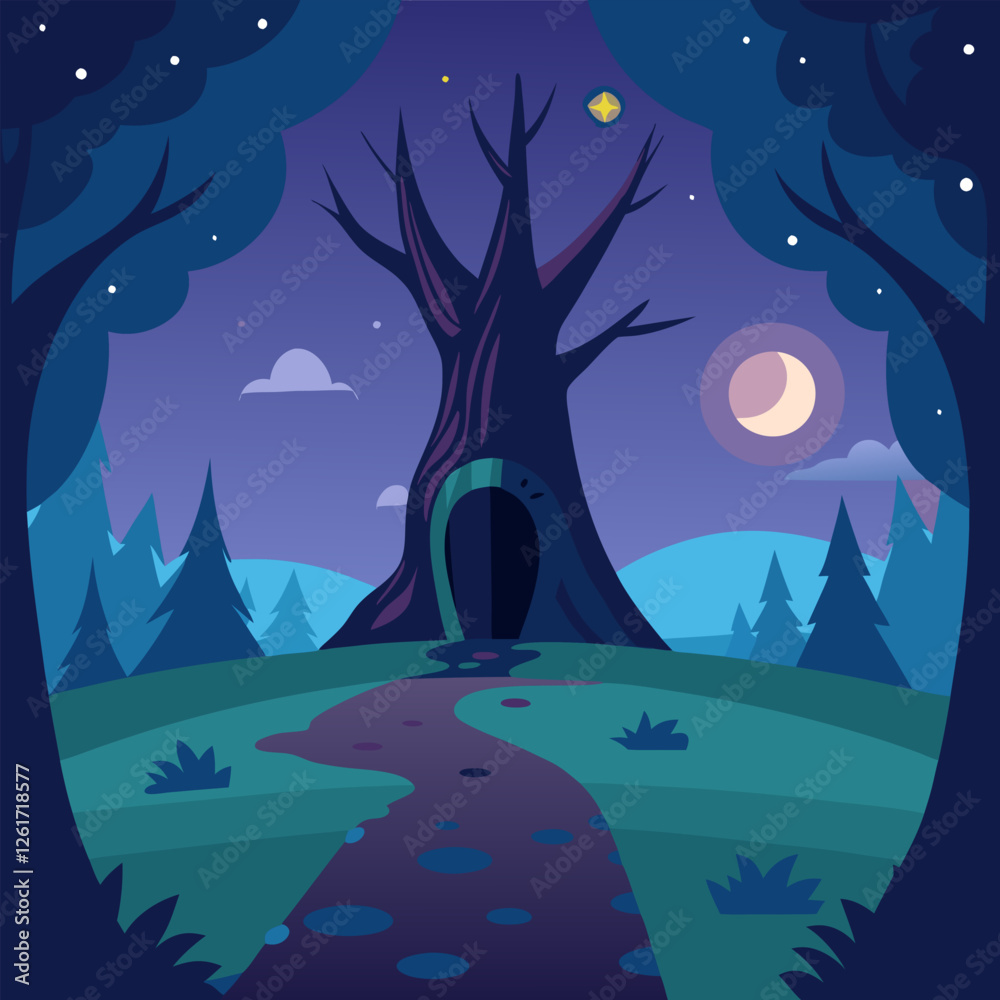Naklejka premium Forest at night with spooky hollow tree, fantasy enchanted magic landscape cartoon. Kids fairytale watercolor style mystery. Wallpaper background children vector design.
