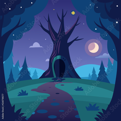 Forest at night with spooky hollow tree, fantasy enchanted magic landscape cartoon. Kids fairytale watercolor style mystery. Wallpaper background children vector design.