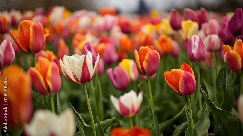 vibrant field of tulips in full bloom, showcasing bright colors and beauty vibrant field of tulips in full bloom, showcasing bright colors and beauty