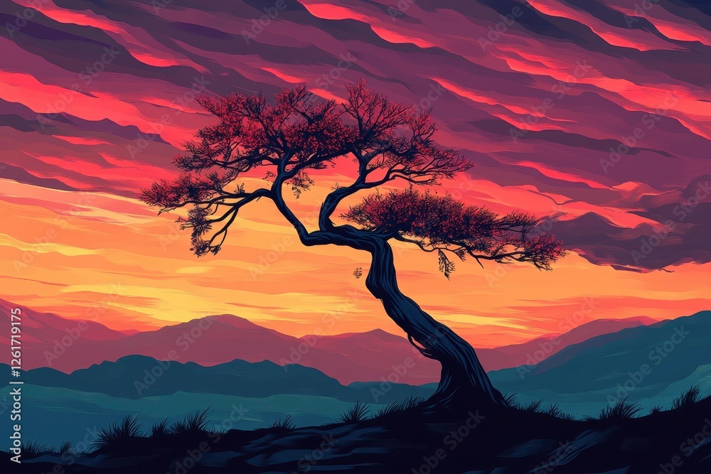 Lone tree against vibrant sunset sky over distant mountains Lone tree against vibrant sunset sky over distant mountains