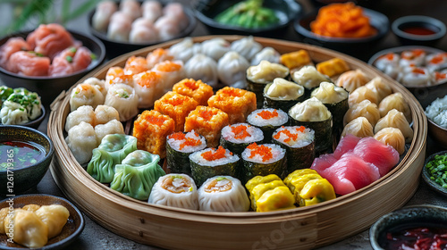 Assorted Sushi Rolls and Nigiri with Fresh Seafood and Colorful Garnishes on a Wooden Platter photo