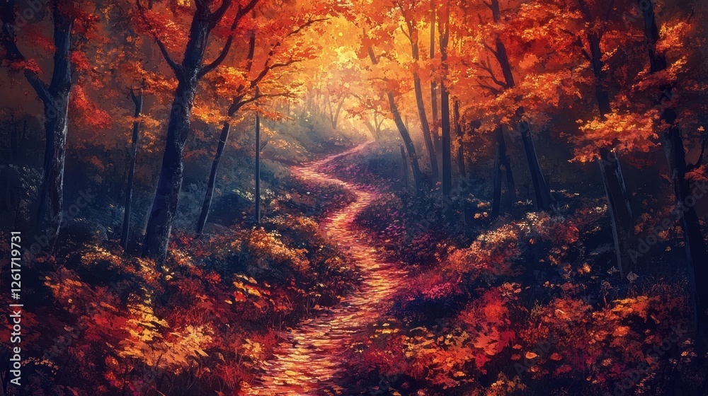 Winding path through a vibrant autumn forest painting Winding path through a vibrant autumn forest painting