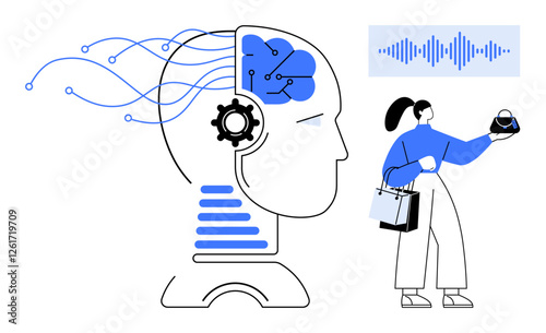 Human engaging with AI brain represented by circuits, waves, and gears. Ideal for AI, machine learning, robotics, technology, consumer behavior innovation digital transformation. Abstract line flat