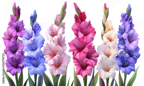 Colorful gladiolus flowers blooming in garden, nature background; ideal for floral design
