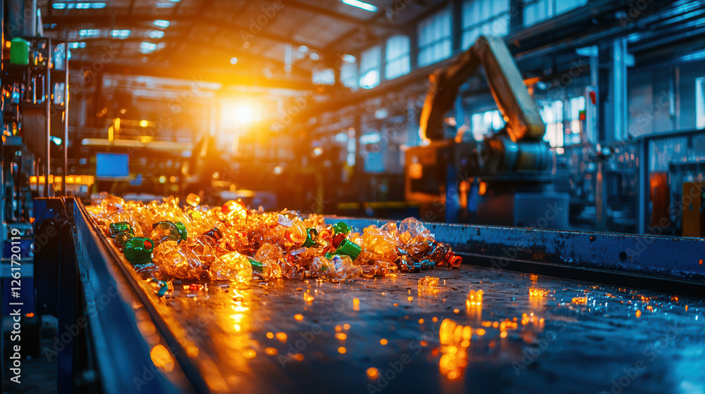 Automated recycling plant with robotic arms sorting plastic waste efficiently. warm glow of setting sun enhances industrial atmosphere Automated recycling plant with robotic arms sorting plastic waste efficiently. warm glow of setting sun enhances industrial atmosphere