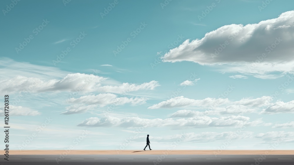 Obraz premium Solitary Figure Walking Along an Expansive Landscape Under a Bright Blue Sky and Clouds