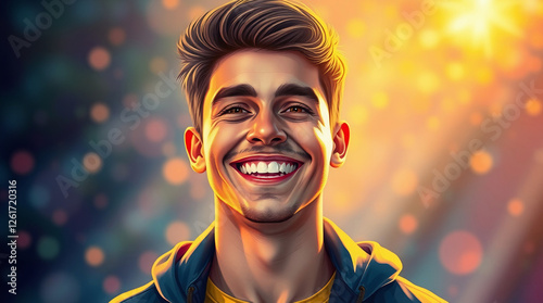 A hyperrealistic digital painting in electric vivid colors, a mystic enchanting environment with gentle color contrasts and a dreamlike atmosphere, of a joyful young man with warm golden lighting