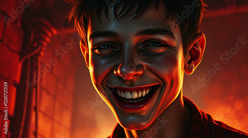 A hyper-realistic digital painting, eerie creepy atmosphere with warm reds, oranges, and yellows.  Joyful young man, unsettling details, dark tones contrasting with his bright smile and warm skin