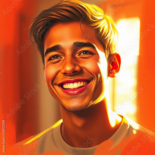 A hyperrealistic digital painting in warm creative light art style depicting a joyful young man. His bright smile, happy eyes, and relaxed expression are illuminated by soft golden light