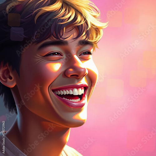 A hyperrealistic digital painting with bright, vibrant colors and a soft cinematic haze. A joyful young man with a bright smile and warm skin tone is shown. The soft focus and hazy background