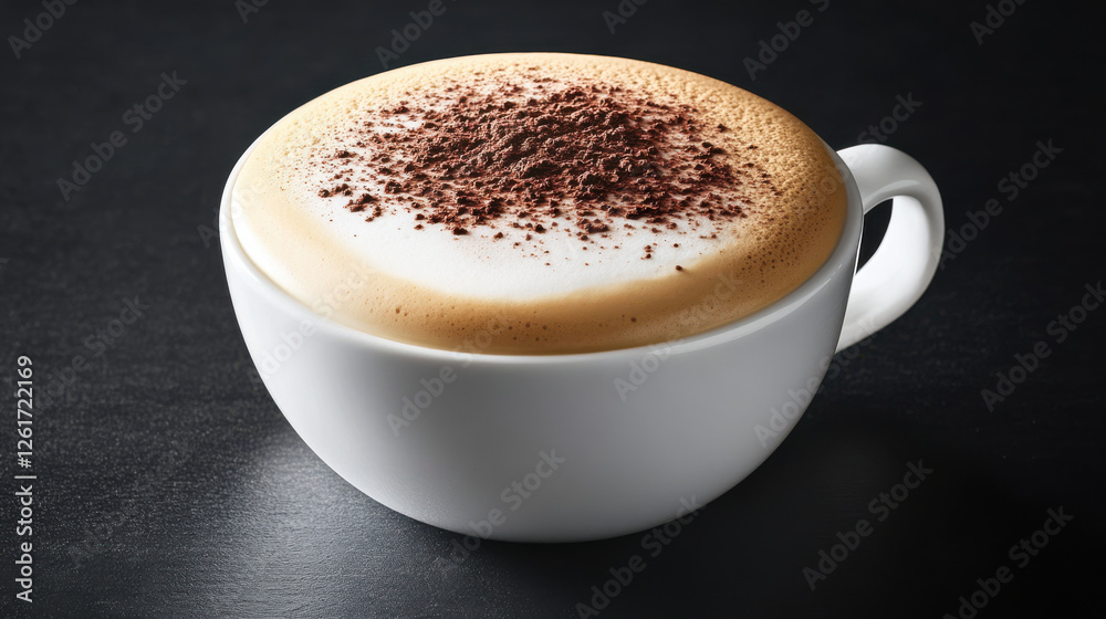Frothy cappuccino topped with cocoa powder in white cup Frothy cappuccino topped with cocoa powder in white cup