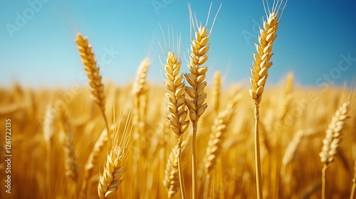 Golden wheat field under clear blue sky displaying agricultural beauty