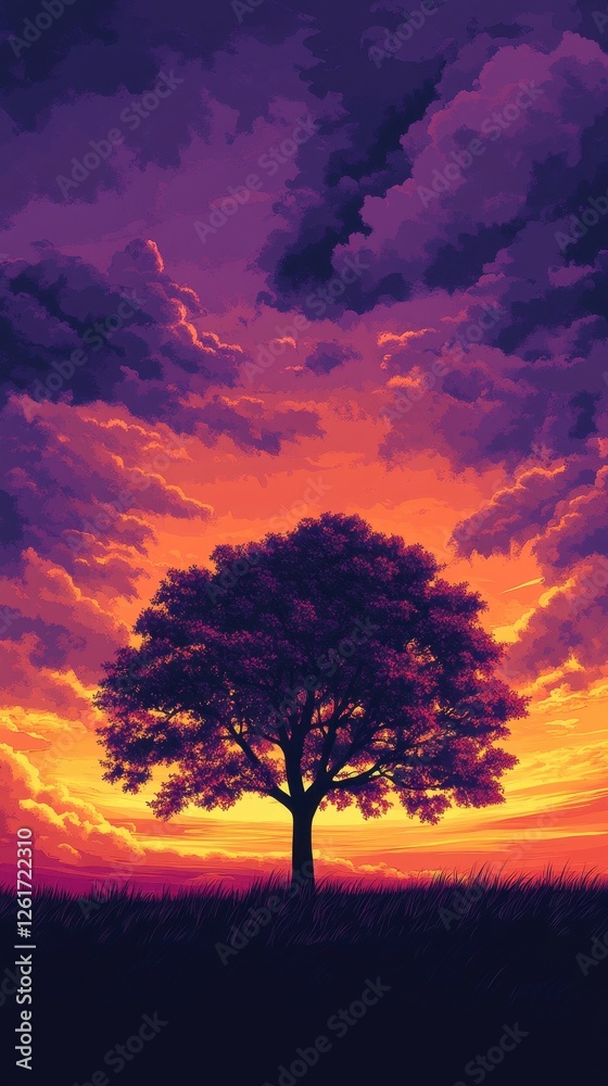 Fototapeta premium Solitary tree silhouette against a vibrant sunset and cloudy sky