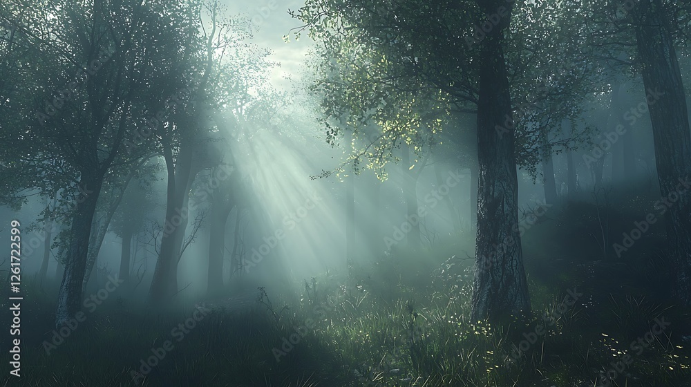 Obraz premium Ethereal Forest Scene with Sunlight Filtering Through Misty Trees in a Tranquil Nature Setting