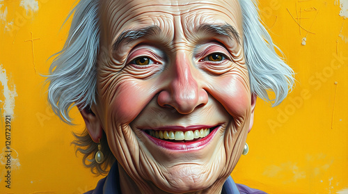 A classic oil painting depicting an elderly person with radiant smile, wise eyes, and warm, golden background.  Visible brushstrokes showcase rich textures and electric vivid colors, reflecting a life