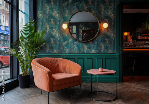 Dark green Art Deco patterned wallpaper with peach-pink armchairs and coffee tables on the floor. photo