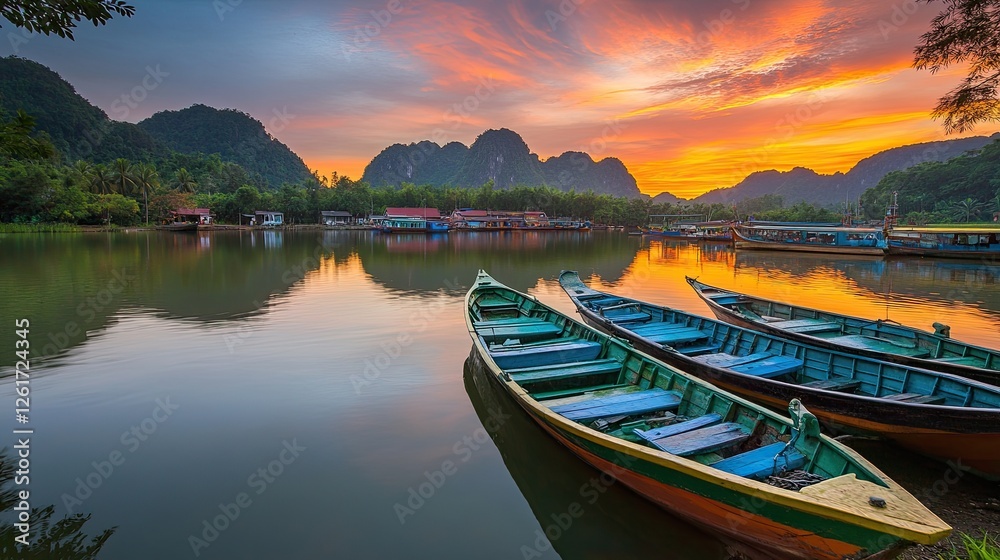 Obraz premium A clean fishing harbor with eco-conscious boats docked under a colorful sunset.