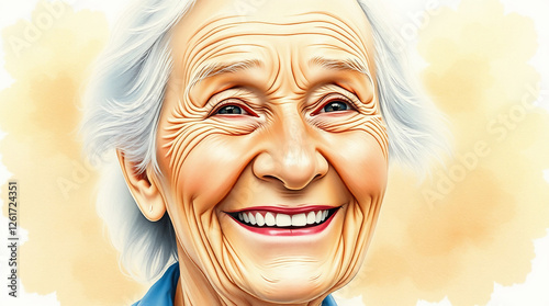 Delicate watercolor painting, translucent washes, fluid brushstrokes, hyperrealistic style, elderly person with radiant smile, wise eyes, wrinkles reflecting life experiences, joyful expression