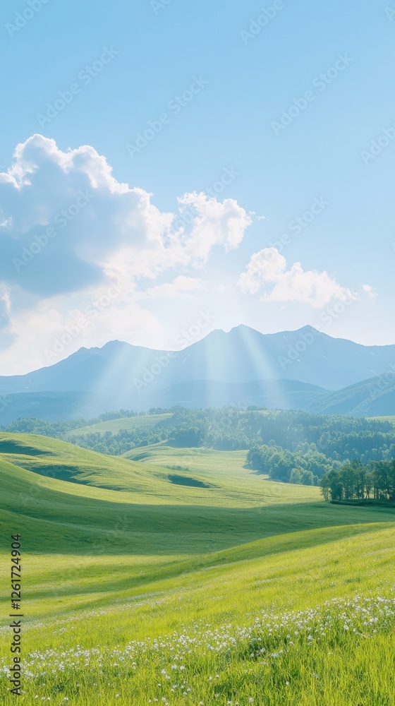Fototapeta premium Breathtaking sunrise over mountains green valley landscape nature serene atmosphere