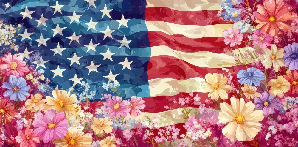 Obraz premium American flag adorned with vibrant colorful flowers in bloom