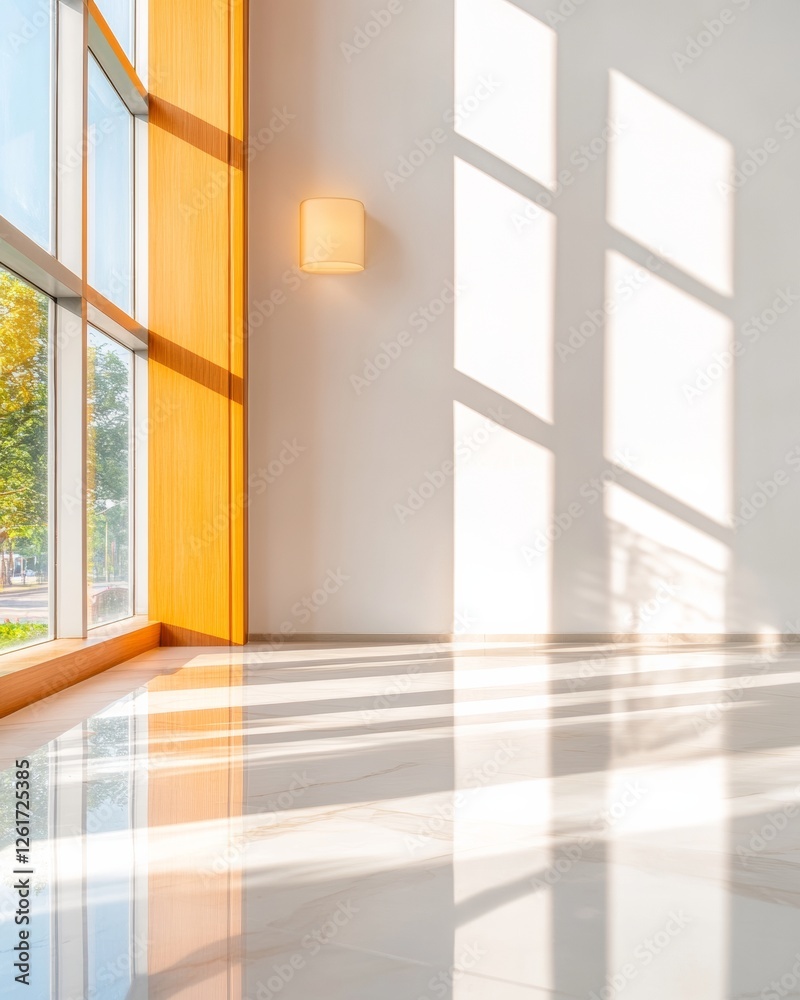 Obraz premium Modern Minimalist Architecture Sunlit Hospital Corridor with Polished Floors and Large Windows - Healthcare Design for Enhanced Patient Experience in Contemporary Medical Facilities