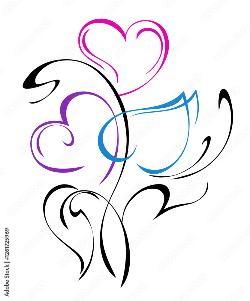 stylized loving hearts with leaves and ornate pattern; graphic decor stylized loving hearts with leaves and ornate pattern; graphic decor