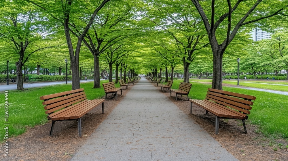 Peaceful park pathway with benches surrounded by lush green trees in vibrant city environment Peaceful park pathway with benches surrounded by lush green trees in vibrant city environment