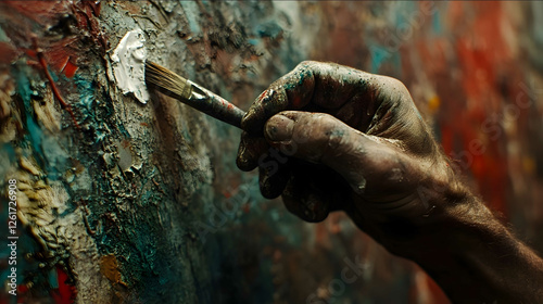 a film still design Closeup of the artists hand clutching a driedup paintbrush knuckles white from the grip against a backdrop of an unfinished painting photo