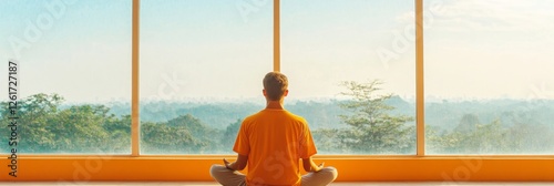 Urban Zen Reflection Silhouetted Figure Meditating by Large Windows with Indoor Plants - Wellness Content for Mindful Living and Modern Office Spaces