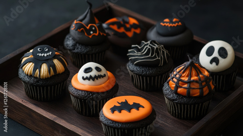 Delicious Halloween themed cupcakes with spooky decorations and vibrant colors photo