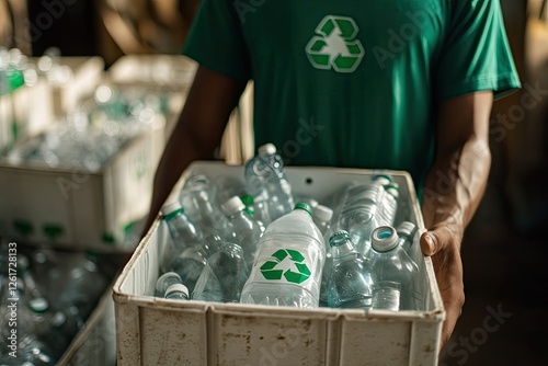 Recycling worker carrying plastic bottles in a crate; sorting facility in the background.  Possible use Environmental awareness campaign photo