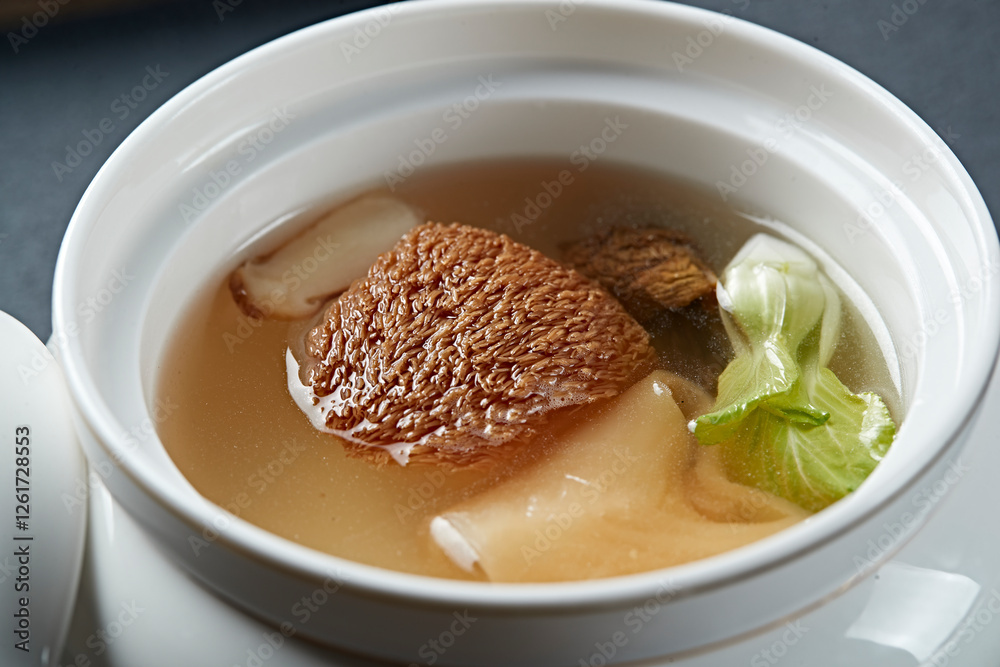 Hericium erinaceus, fish maw and hazel mushroom soup Hericium erinaceus, fish maw and hazel mushroom soup