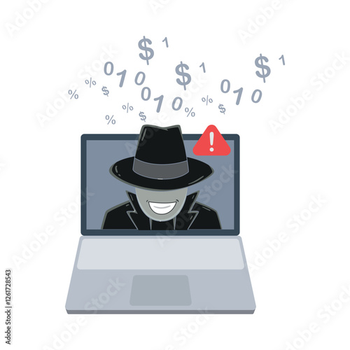 Hacker with laptop computer stealing confidential data, personal information and credit card detail. Vector Stock. Stroke Editable