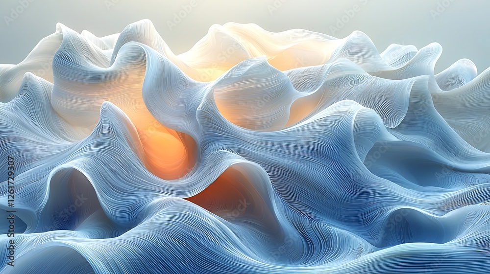 Obraz premium Abstract swirling blue waves, sunrise light, peaceful background, website header