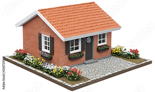 Small brick house with garden, isometric view, real estate