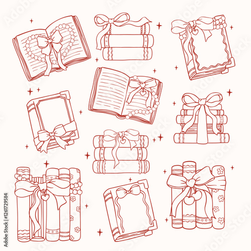 Coquette Books with Ribbon Bow Outline Whimsical Doodle Hand Drawn set
