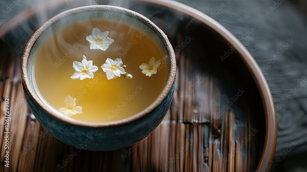 Minimalist Top-View Jasmine Tea Cup Steaming Delicate Flower Petals Floating Serene Aromatic Relaxation Natural Elegance Minimalist Top-View Jasmine Tea Cup Steaming Delicate Flower Petals Floating Serene Aromatic Relaxation Natural Elegance