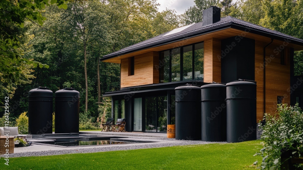 A rainwater harvesting system on a modern eco-friendly house with collection tanks. A rainwater harvesting system on a modern eco-friendly house with collection tanks.