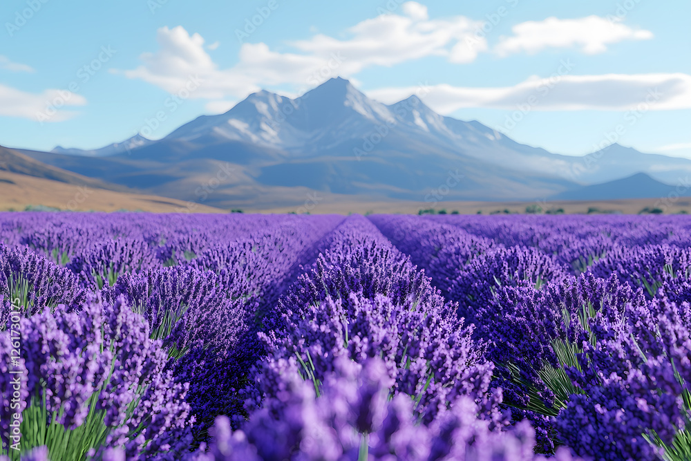 Naklejka premium A breathtaking lavender field stretches to the horizon, bathed in a soft lilac light, exuding an otherworldly aura.