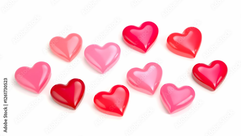 A grid displays heart images of pink and red hues. A grid displays heart images of pink and red hues.