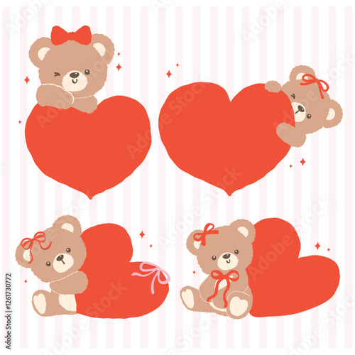 Retro Coquette Teddy Bear with Red Heart Valentine Cartoon Hand Drawn flat design set