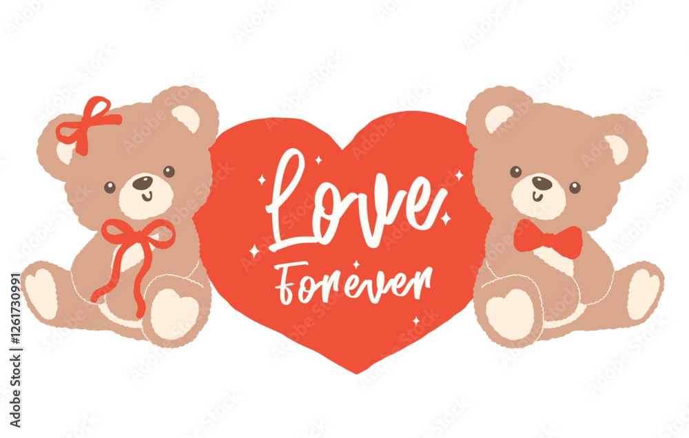 Retro Coquette Two Teddy Bears with Red Heart Valentine Cartoon Hand Drawn flat design Retro Coquette Two Teddy Bears with Red Heart Valentine Cartoon Hand Drawn flat design