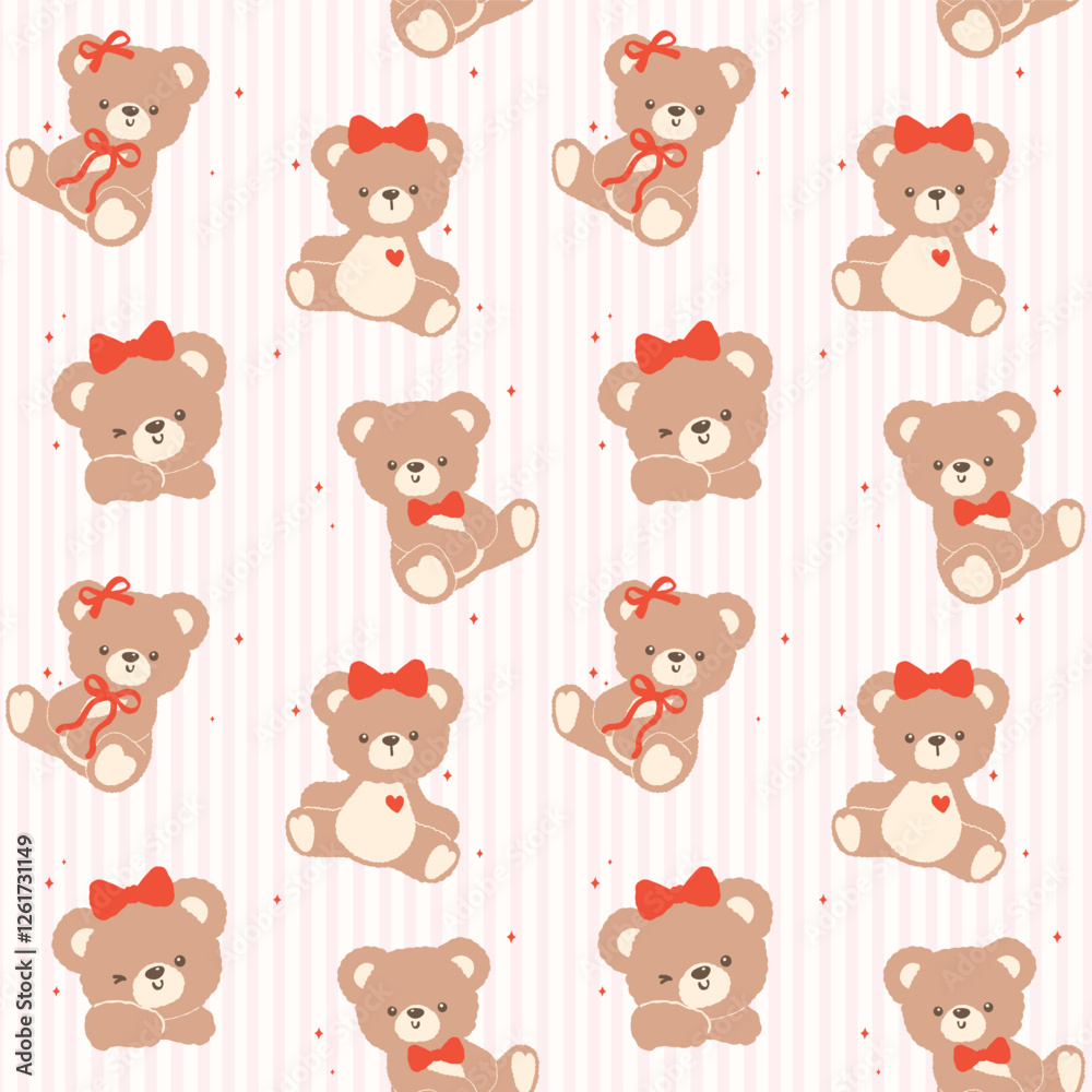 Seamless Pattern Retro Coquette Teddy Bear with Red Bow Cartoon Hand Drawn isolated on background Seamless Pattern Retro Coquette Teddy Bear with Red Bow Cartoon Hand Drawn isolated on background