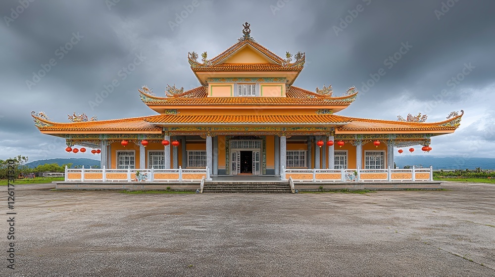 Fototapeta premium Cultural celebration at serenity-filled rural landscape venue architectural front view showcasing tradition and community harmony