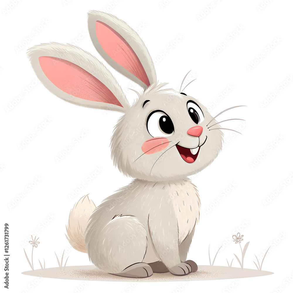Obraz premium Cheerful white bunny with pink ears and a wide smile, sitting on the ground, small flowers. Cute, playful expression. Spring theme. For greeting cards, invitations, children's illustrations.