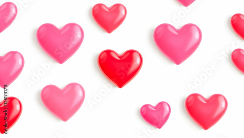 A pattern of pink and red hearts is scattered on a white background. 