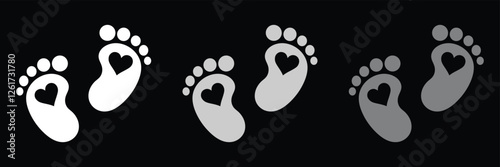 New born, pregnant or coming soon footprints shoes and shoe sole. Kids or baby feet and foot steps Fun vector footsteps icon for print. Love heart blue boy or pink girl sign on white back ground eps20