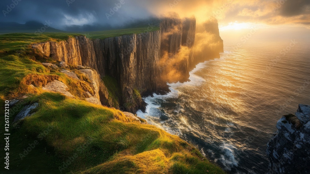 Fototapeta premium Dramatic Sunset Over Coastal Cliffs And Ocean Waves